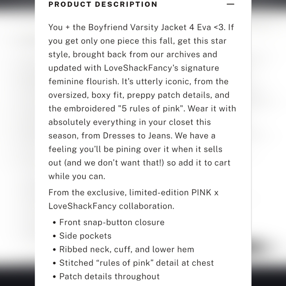 PINK X LOVESHACKFANCY Reissued Boyfriend Varsity Jacket. Size M. LIMITED EDITION - Picture 10 of 11